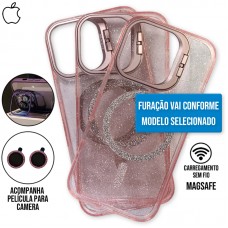 Capa iPhone 16 Plus - Stand Glitter Magsafe Chanel Pink